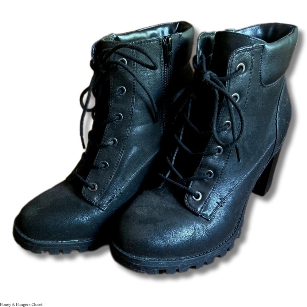 Addition Elle Black Laced Combat Heel Boots | Size 9W
